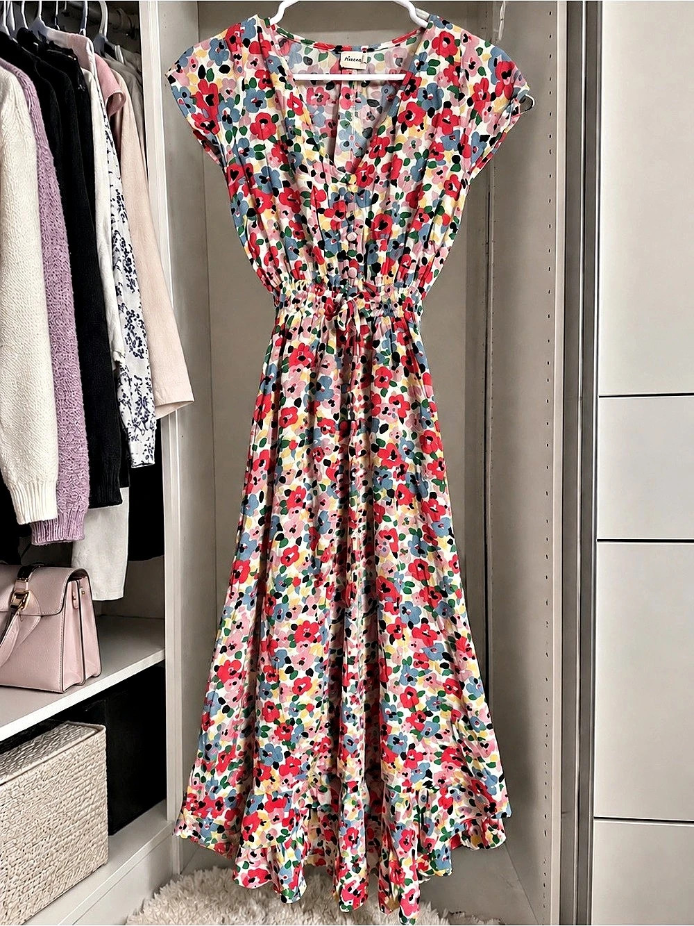 Ariella Floral Midi Dress in Pink & Blue Like New